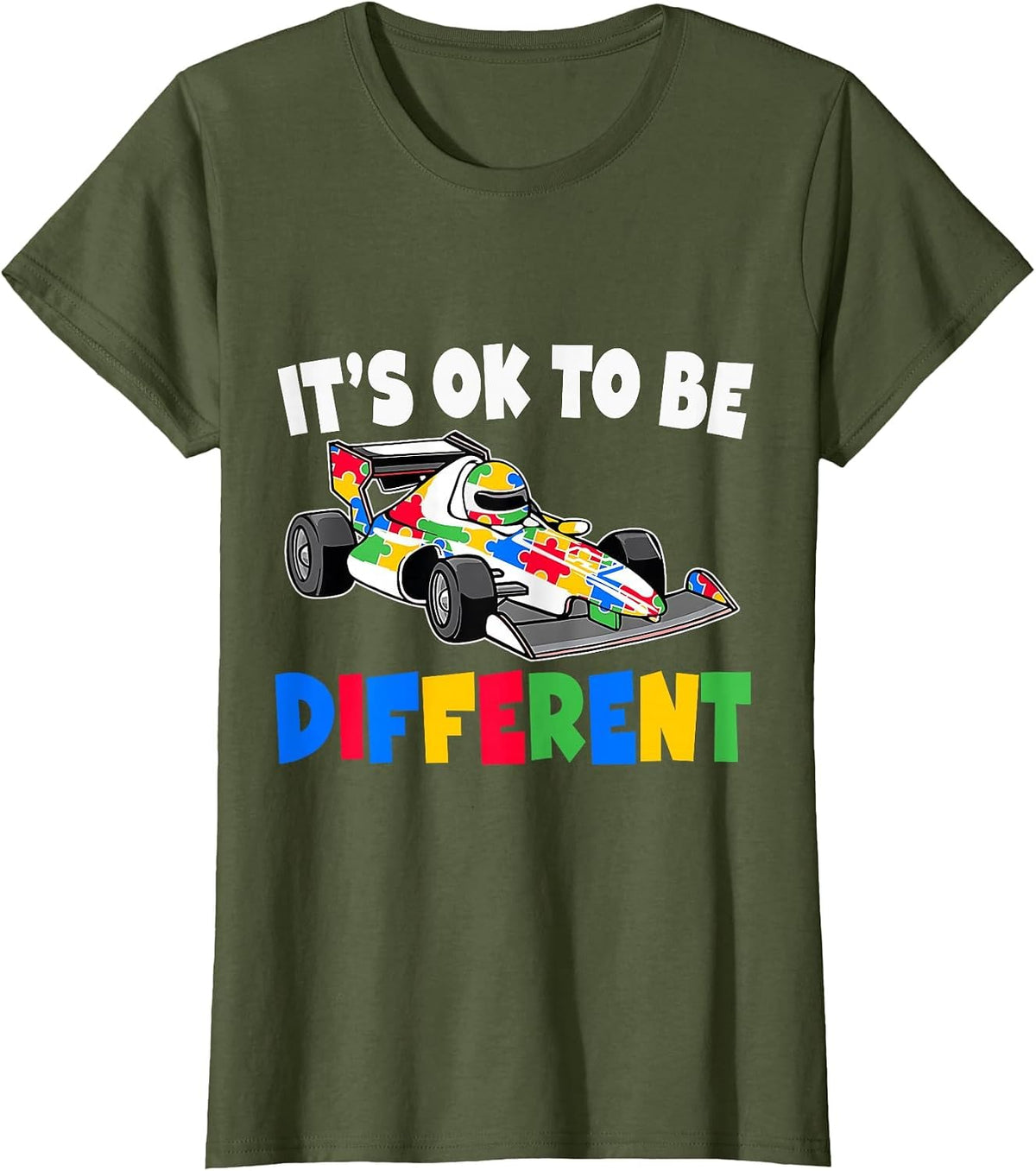 Racing Autism It's Ok to Be Different Autism Race Car T-Shirt - Olive Green