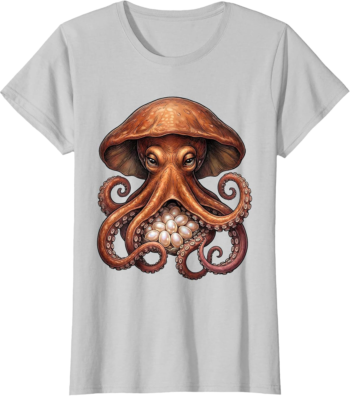 Women's Mother Octopus Sheltering Eggs Illustration T-Shirt - Silver Grey