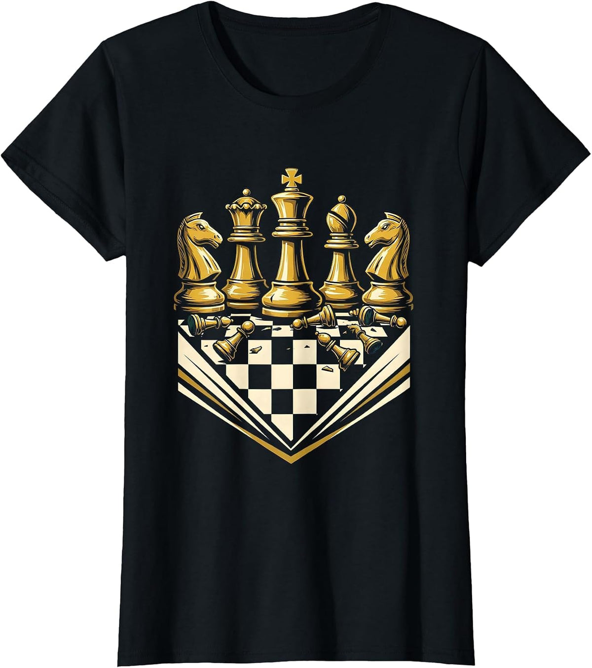 Chess Pieces Mid-Game Wooden Board Illustration T-Shirt - Black