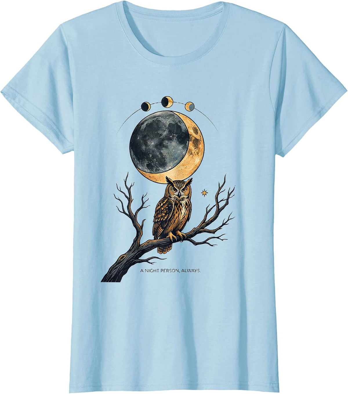 A Night Person, Always Whimsical Boho Moon Phase Owl T-Shirt - Baby Blue