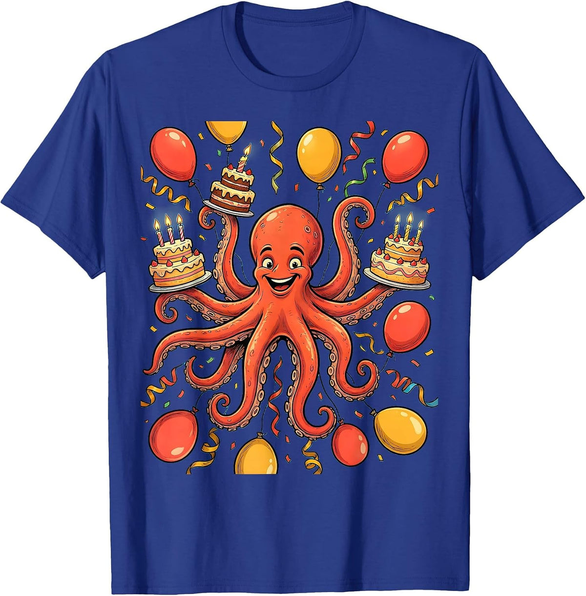 Men's Octopus Birthday Party Balloon Celebration Graphic T-Shirt - Royal Blue