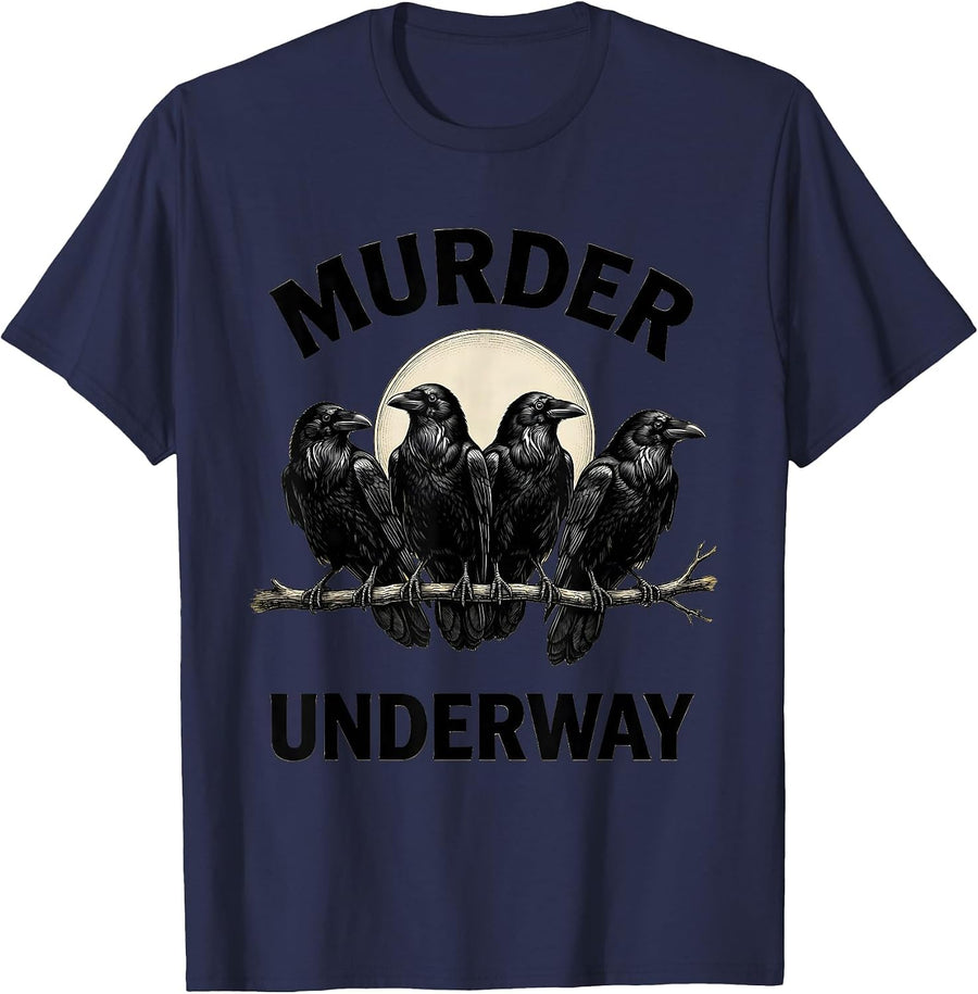 Murder Underway Crosshatch Etching Dark Humor Crow Lover T-Shirt - Navy Blue