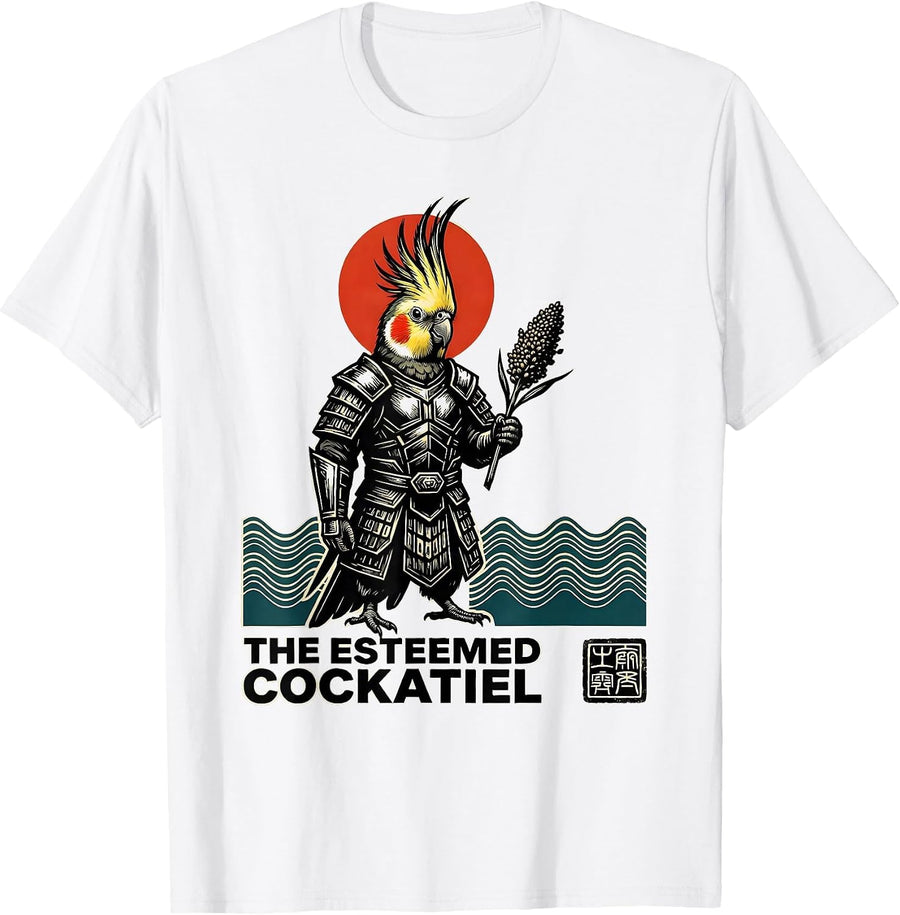 Men's The Esteemed Cockatiel Funny Anime Ukiyo-e Animal Mashup T-Shirt - White
