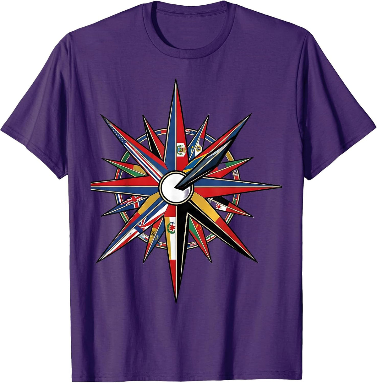 Men's Compass Point Star World Flags Geography Lover T-Shirt - Purple