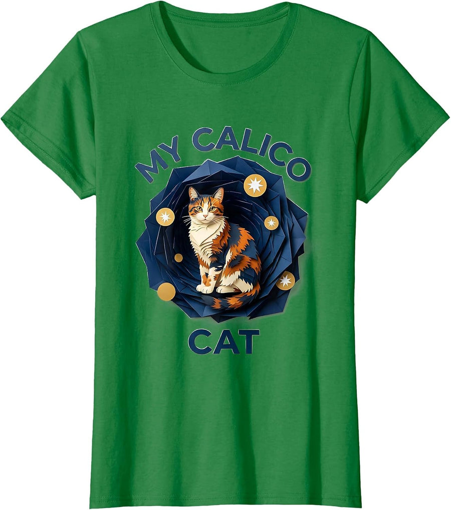 Women's My Calico Cat Artful Pet Portrait Cat Lover Gift T-Shirt - Kelly Green