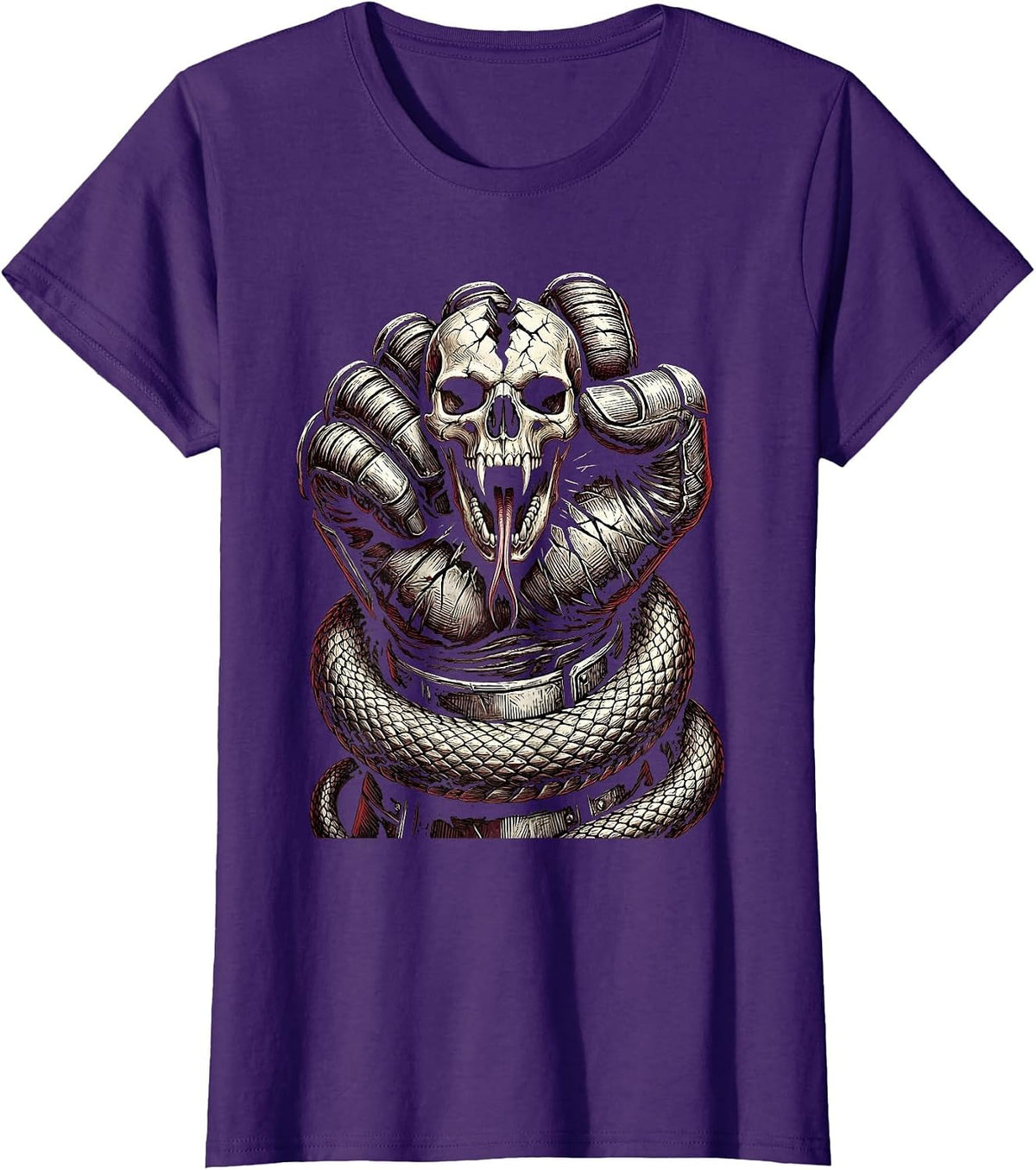 Women's Gloved Fist Crushing Serpent Skull Graphic T-Shirt - Purple