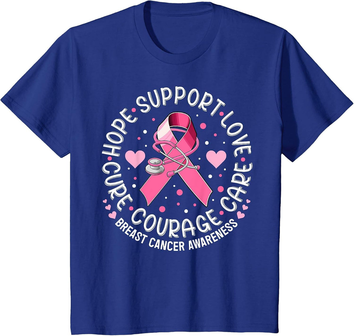 Breast Cancer Awareness Pink Ribbon Nurse Scrub Top Support T-Shirt - Royal Blue