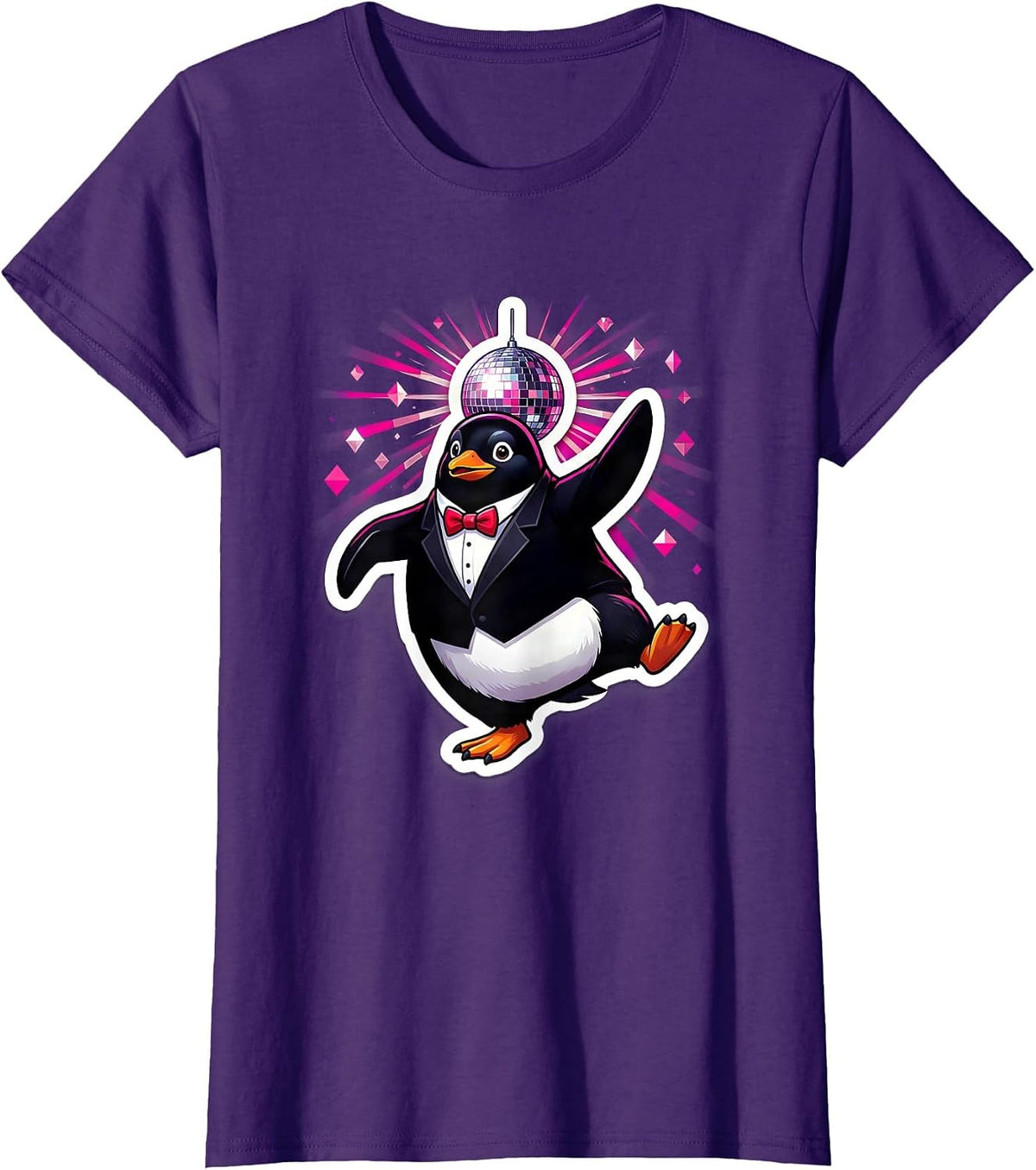 Women's Penguin in Tuxedo Dancing Under Disco Ball T-Shirt - Purple