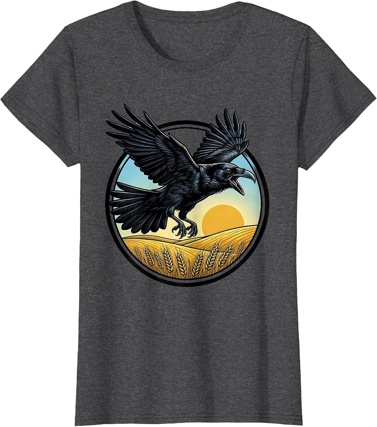 Women's Crow Mid-Swoop Over Open Field Illustration T-Shirt - Dark Heather Grey