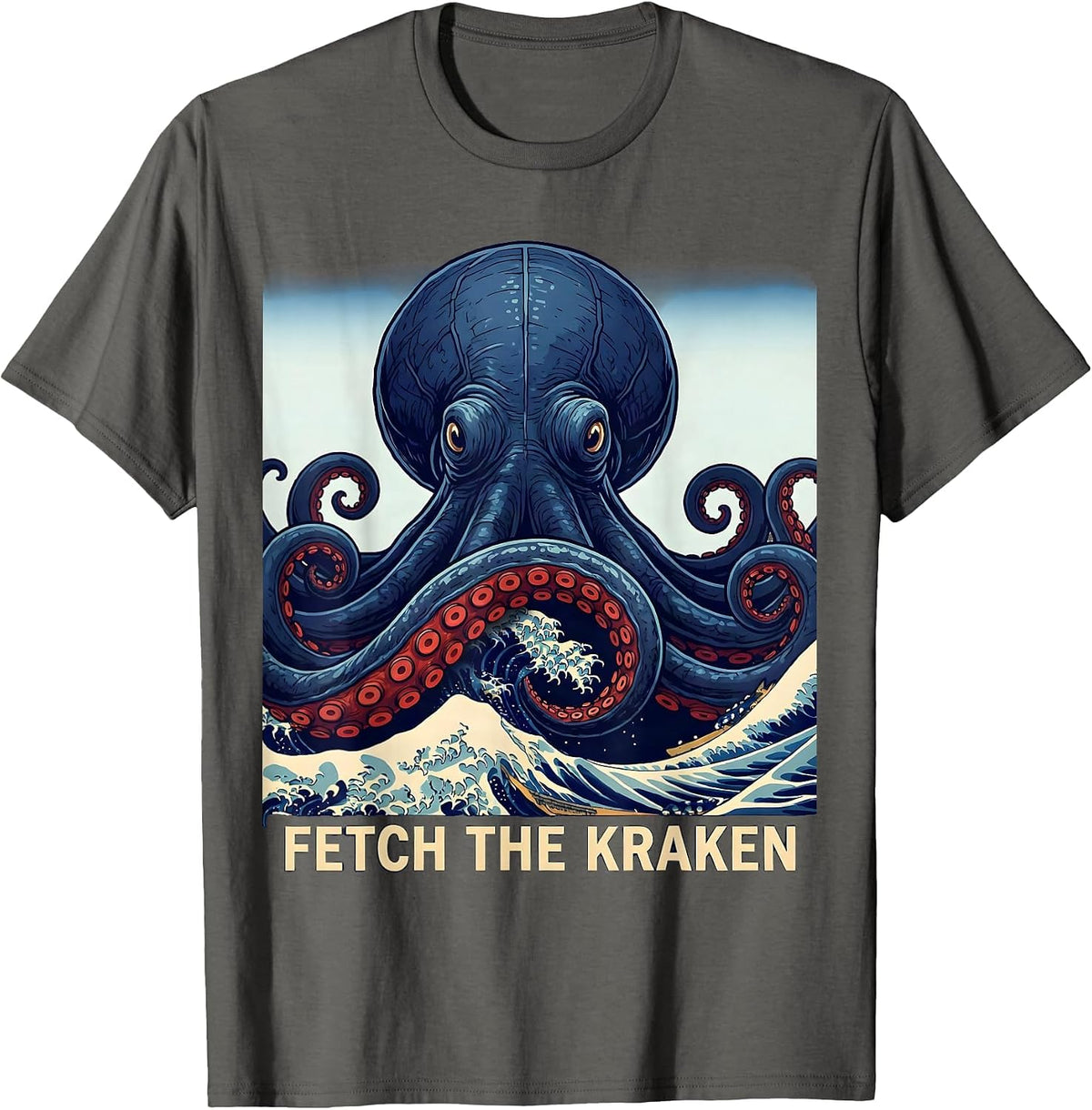 Men's Fetch The Kraken Ukiyo-e Octopus Sea Monster Ocean Lover T-Shirt - Asphalt Grey