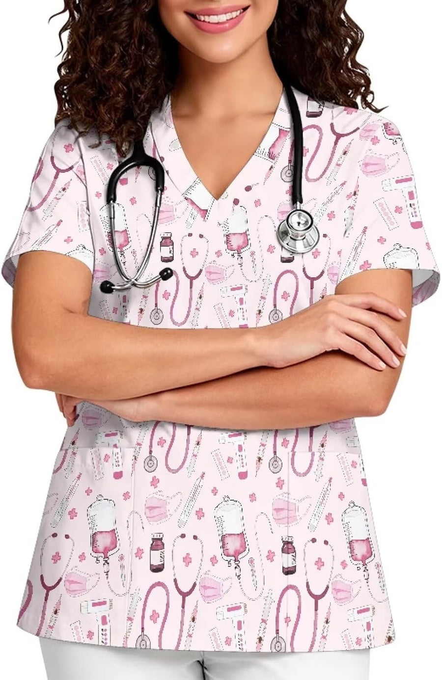 PinUp Angel Stylish V-Neck Cute Graphic Scrub Top for Women Short Sleeve with Pockets for Clinical Hospital Medical Use -