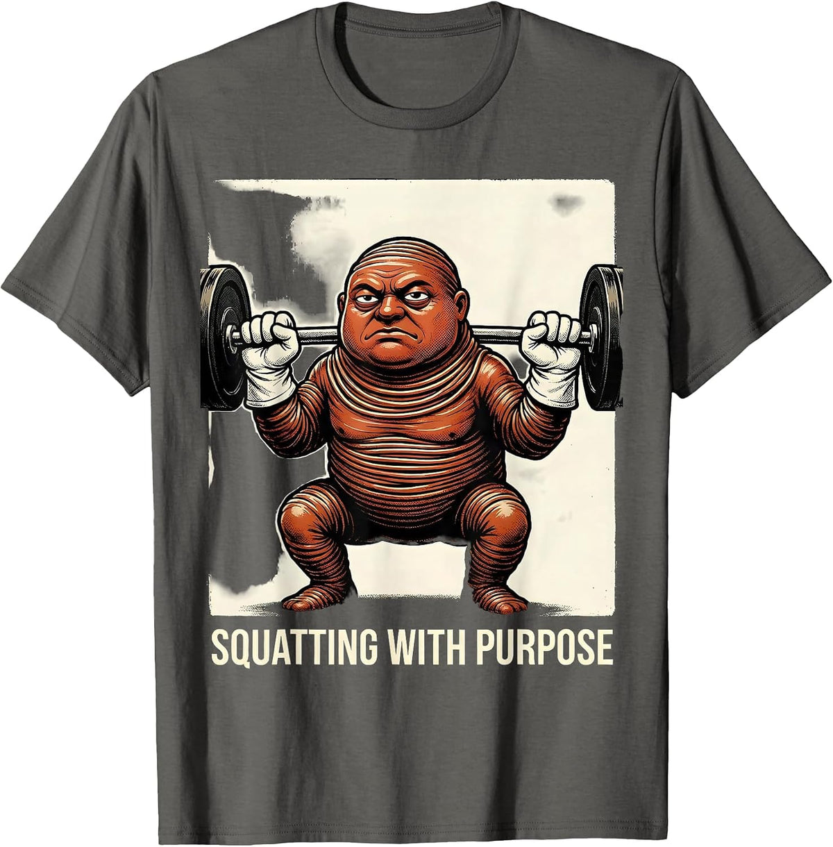 Men's Squatting With Purpose Retro Cartoon Funny Gym Weightlifting T-Shirt - Asphalt Grey