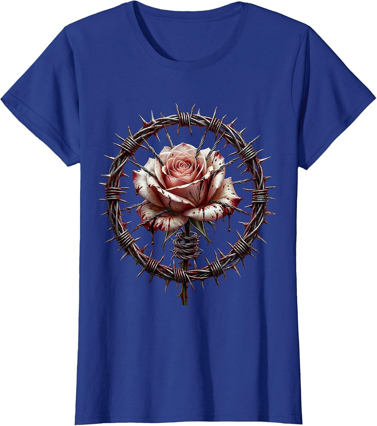 Women's Grunge Barbed Wire Rose Graphic Design T-Shirt - Royal Blue