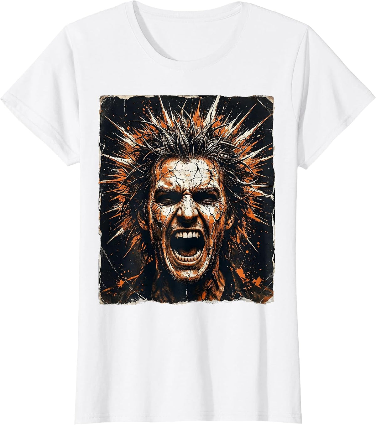 Punk Rock Screaming Face Wild Spiked Hair Design T-Shirt - White
