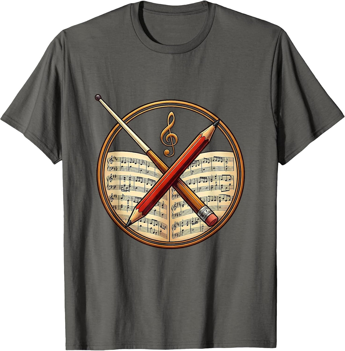 Music Teacher Conductor Baton and Pencil Graphic T-Shirt - Asphalt Grey