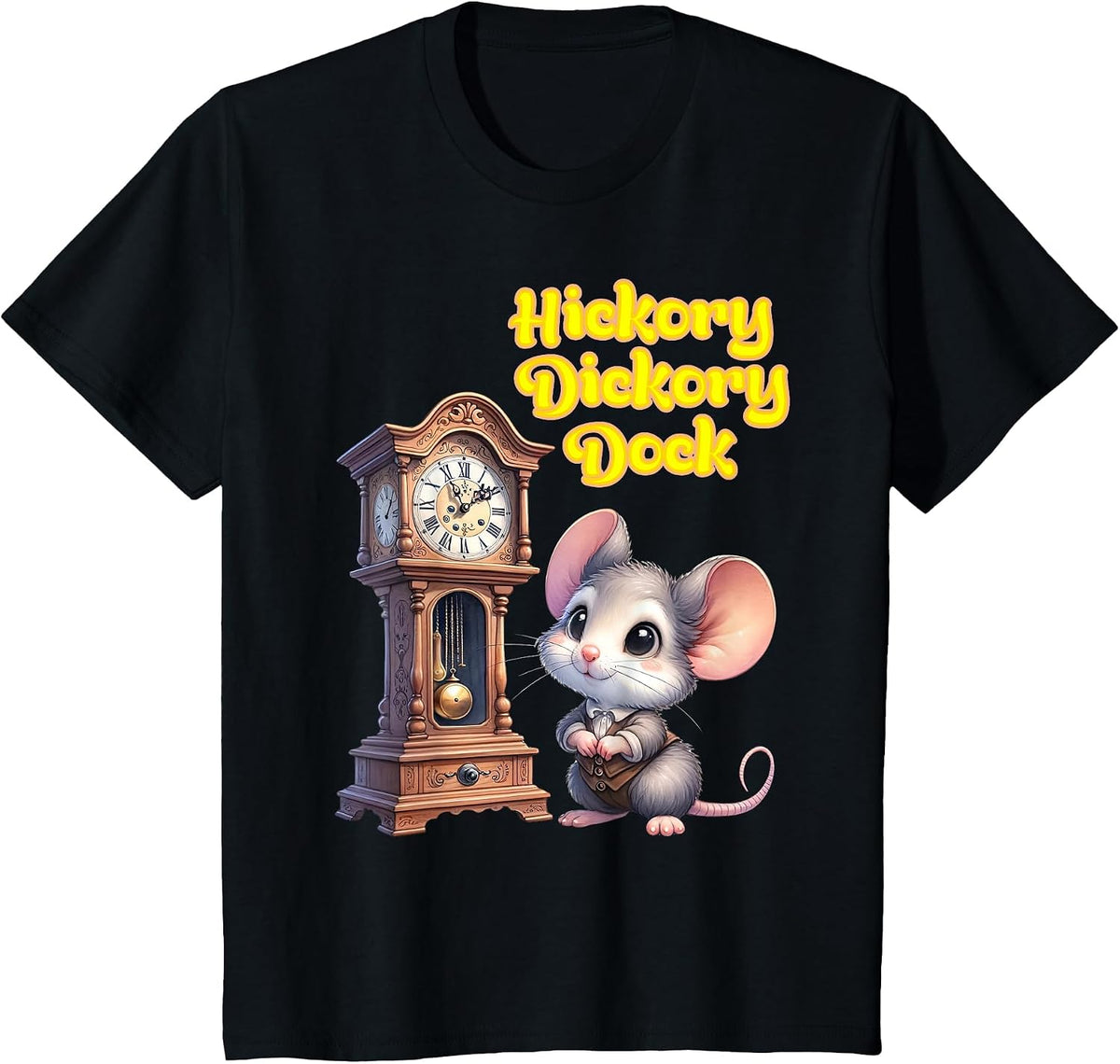 Hickory Dickory Dock Nursery Song Rhyme Mouse Old Clock Song T-Shirt - Black