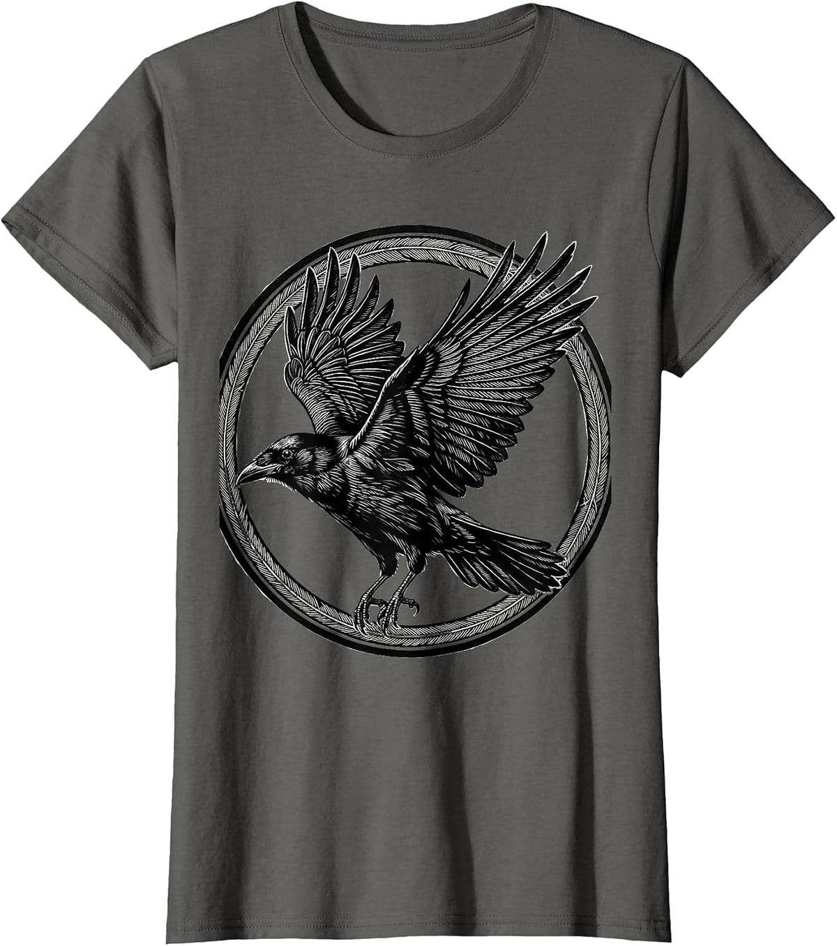 Women's Crow in Flight Spread Wings Bird Art Design T-Shirt - Asphalt Grey