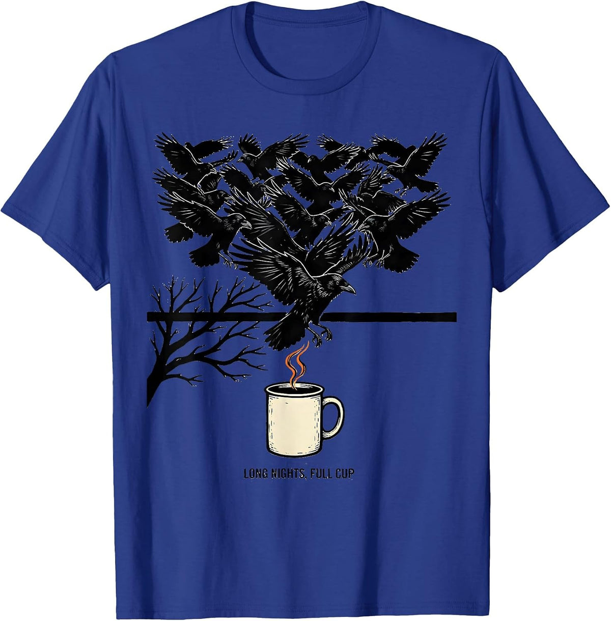 Men's Long Nights, Full Cup Gothic Crow Coffee Halloween Season T-Shirt - Royal Blue