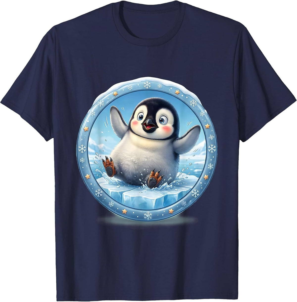 Men's Baby Penguin Slipping on Ice Funny Cute Design T-Shirt - Navy Blue