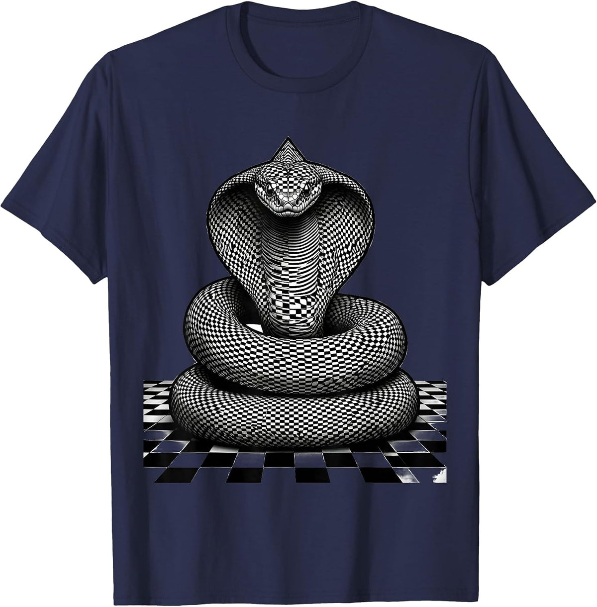 Snake Coiled on Black and White Checkered Floor T-Shirt - Navy Blue