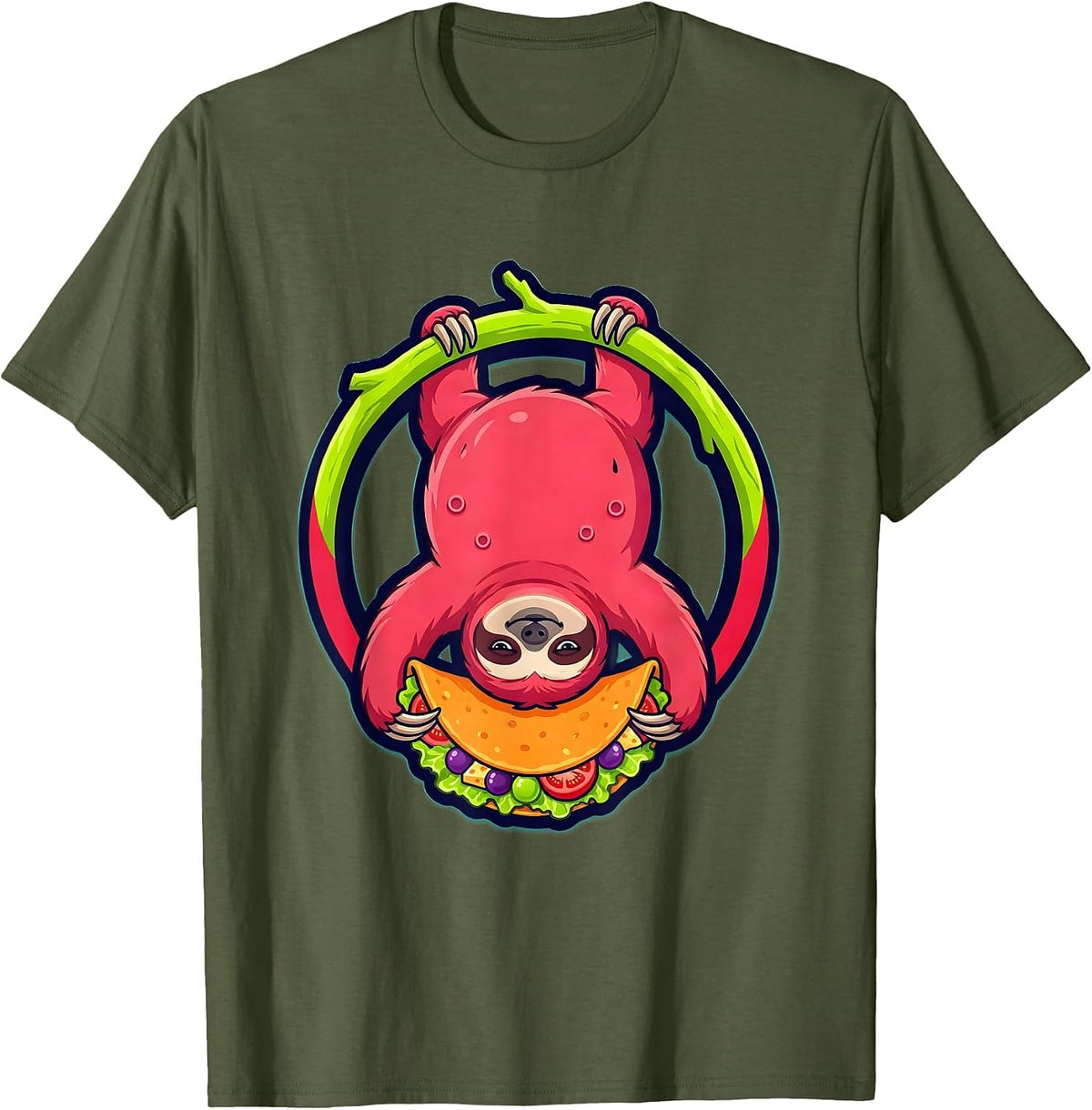 Men's Funny Upside Down Sloth Eating a Taco Graphic T-Shirt - Olive Green