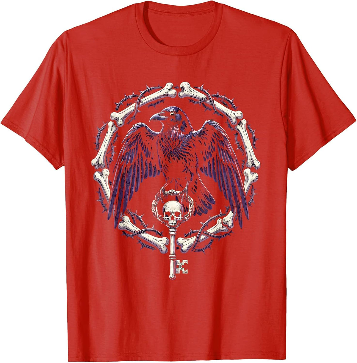 Men's Crow Holding Skeleton Key Gothic Illustration T-Shirt - Red
