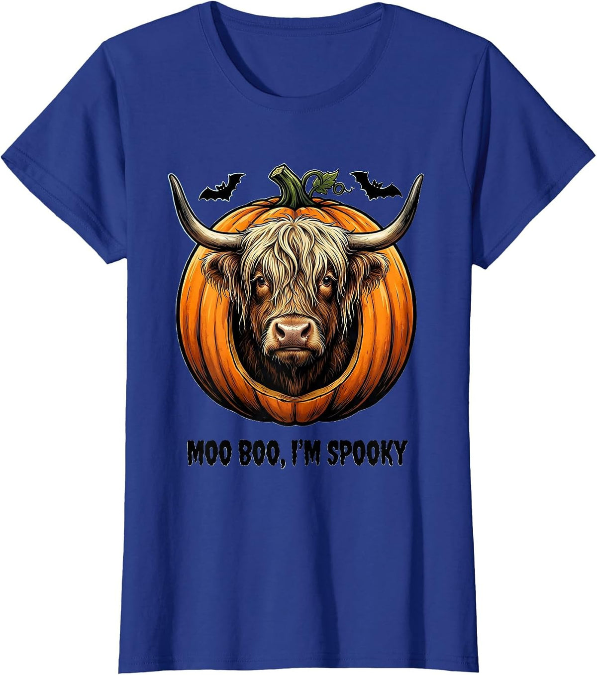 Women's Moo Boo, I’m Spooky Cartoon Highland Cow Halloween Costume T-Shirt - Royal Blue
