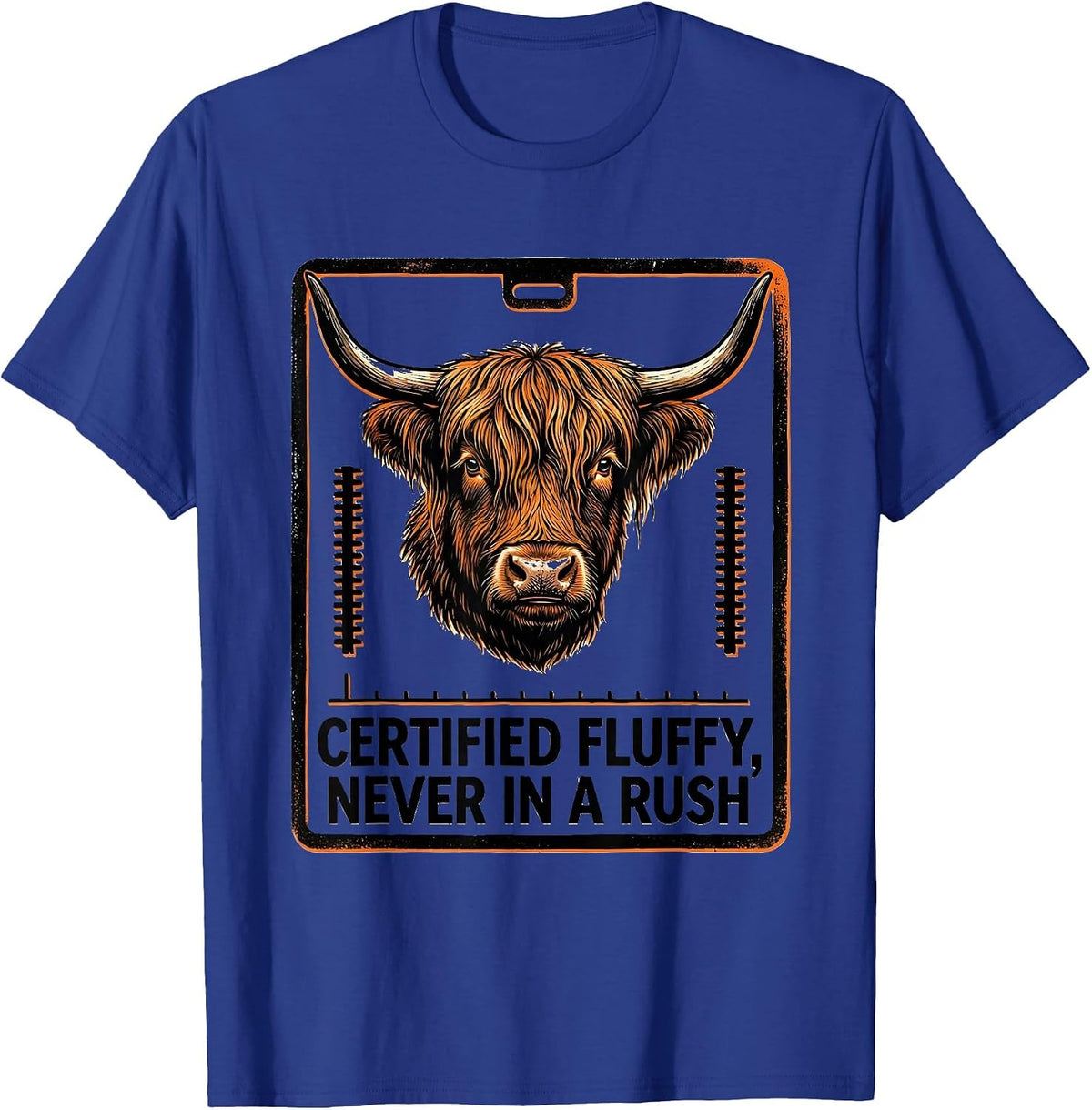Men's Certified Fluffy Never In A Rush Cute Highland Cow Humor T-Shirt - Royal Blue
