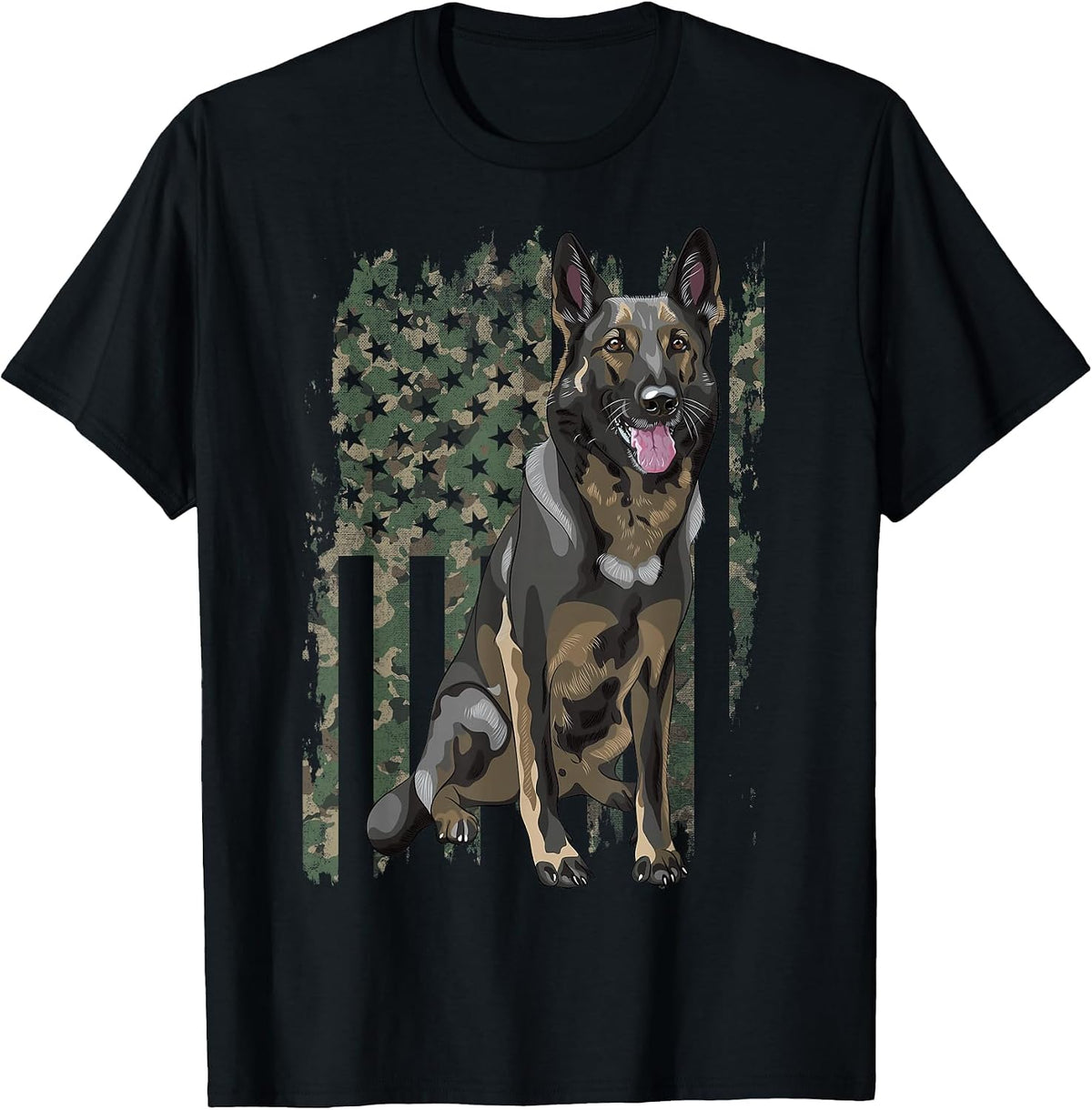 German Shepherd Shirt Patriotic Camouflage American Flag Dog Breed T-Shirt - Black
