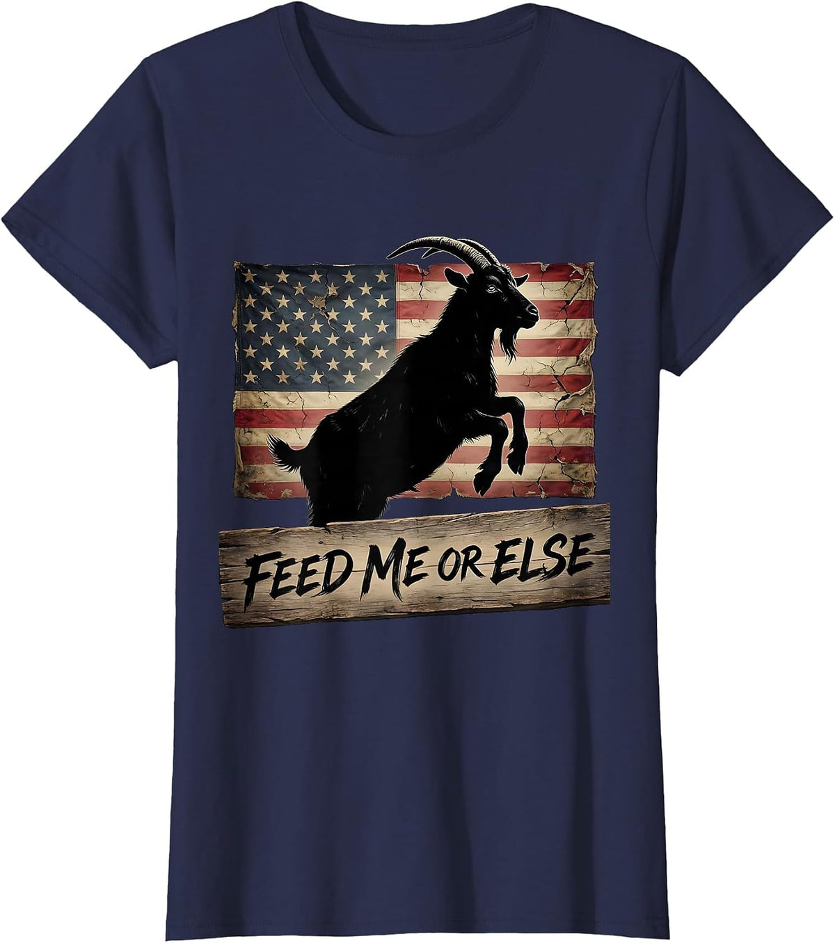 Women's Feed Me Or Else Funny Goat Graphic Design T-Shirt - Navy Blue