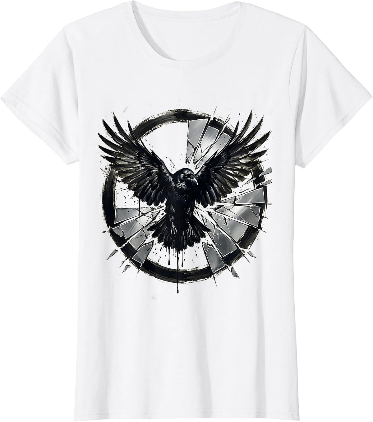 Crow Bursting Through Cracked Mirror Shards T-Shirt - White