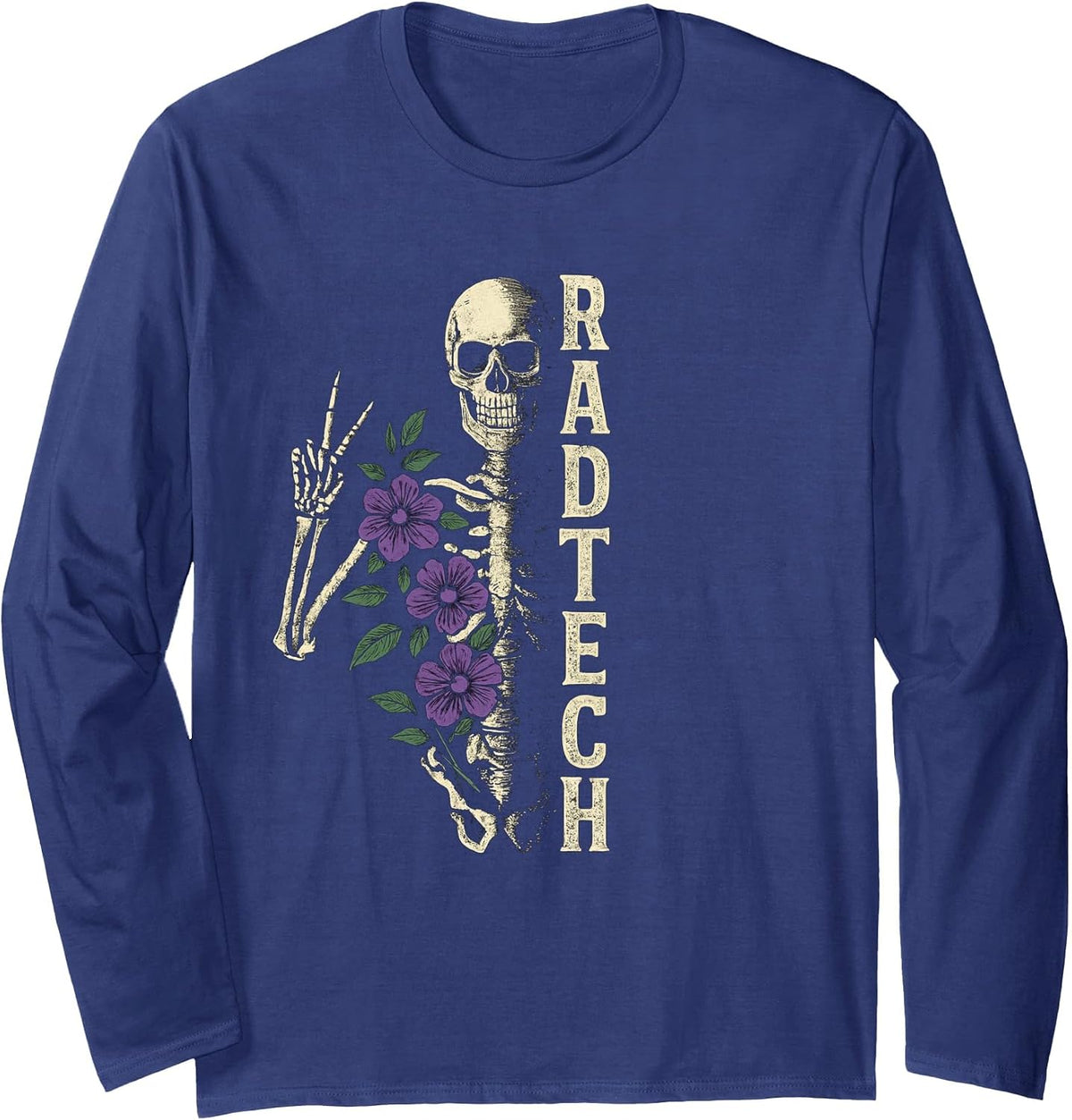 Floral Skeleton Radiology Technician for Rad Tech Week Long Sleeve T-Shirt - Adult Unisex Navy Blue