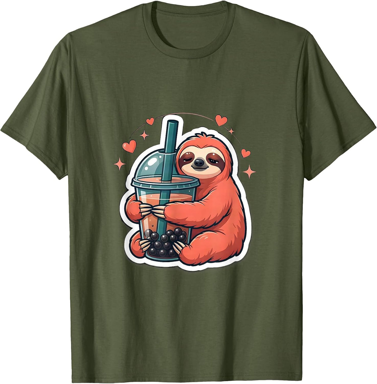 Sleepy Sloth Boba Tea Kawaii Anime Aesthetic T-Shirt - Olive Green