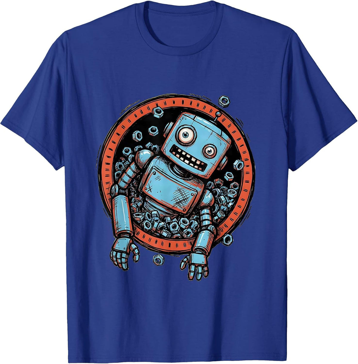 Men's Derpy Robot Spilling Bolts Funny Illustration T-Shirt - Royal Blue