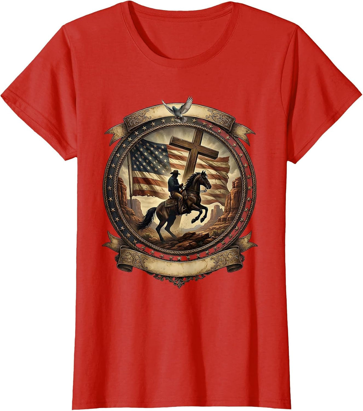 Cowboy Riding Horse Through Dusty Canyon T-Shirt - Red
