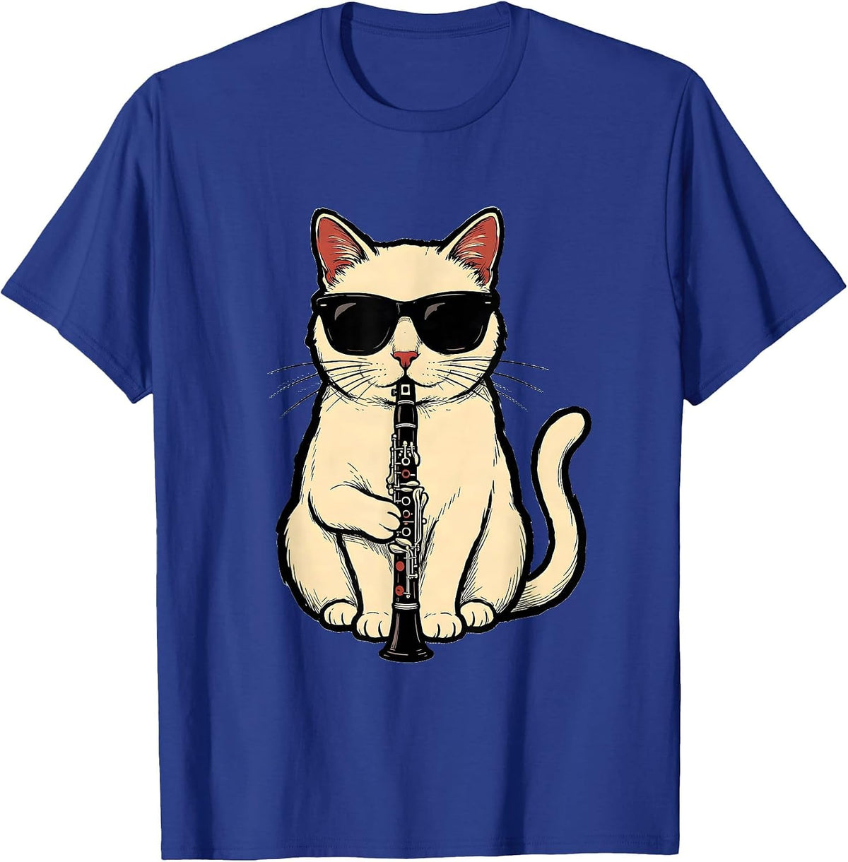 Men's Funny Cat Wearing Sunglasses Playing Clarinet Musician T-Shirt - Royal Blue