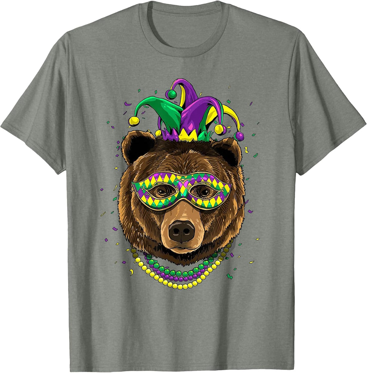 Bear Animal Lover Cute Mardi Gras Carnival Jester T-Shirt, Men, Olive Heather, Large - As Pictured