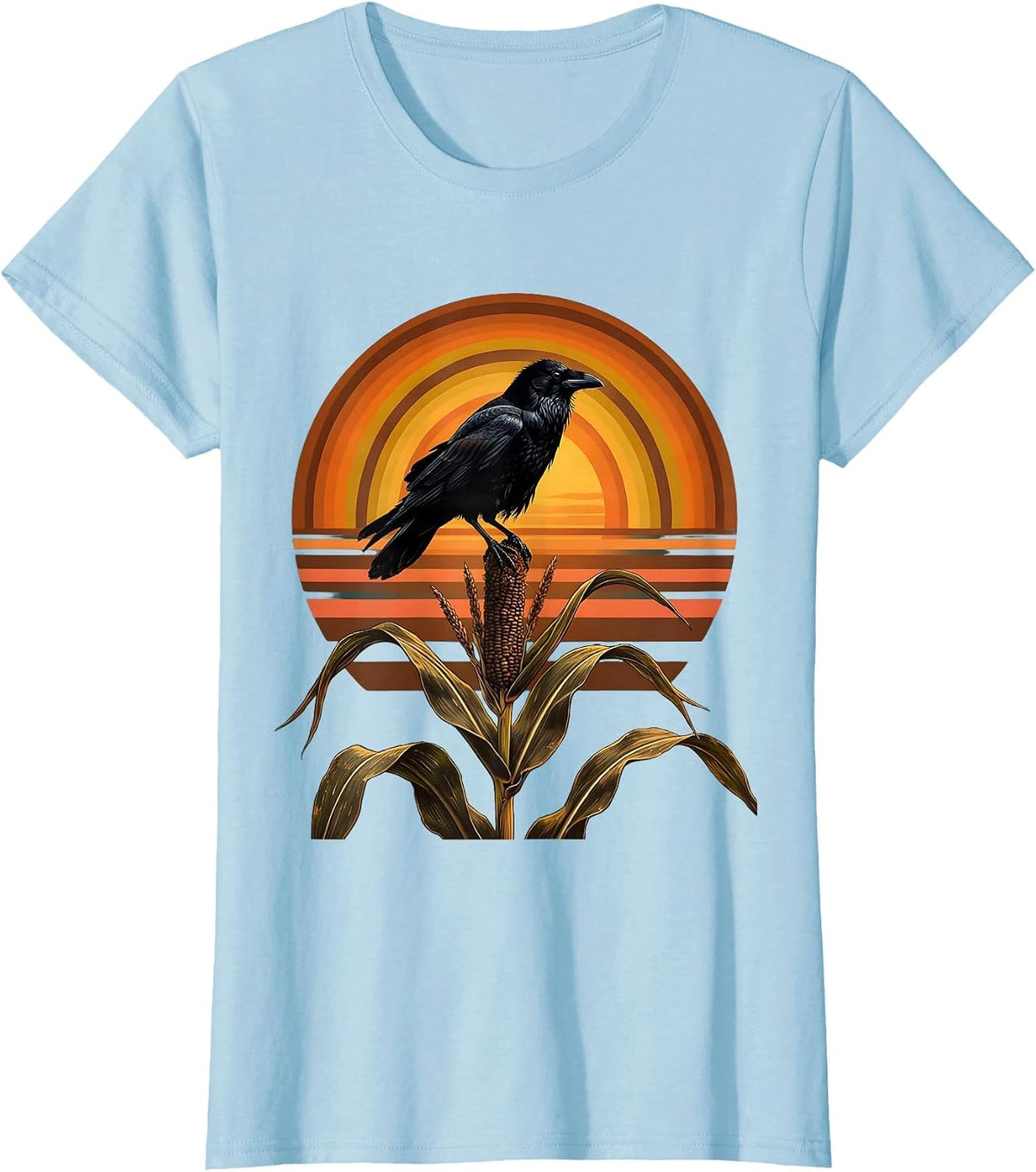 Women's Crow Perched on Corn Stalk Harvest Illustration T-Shirt - Baby Blue