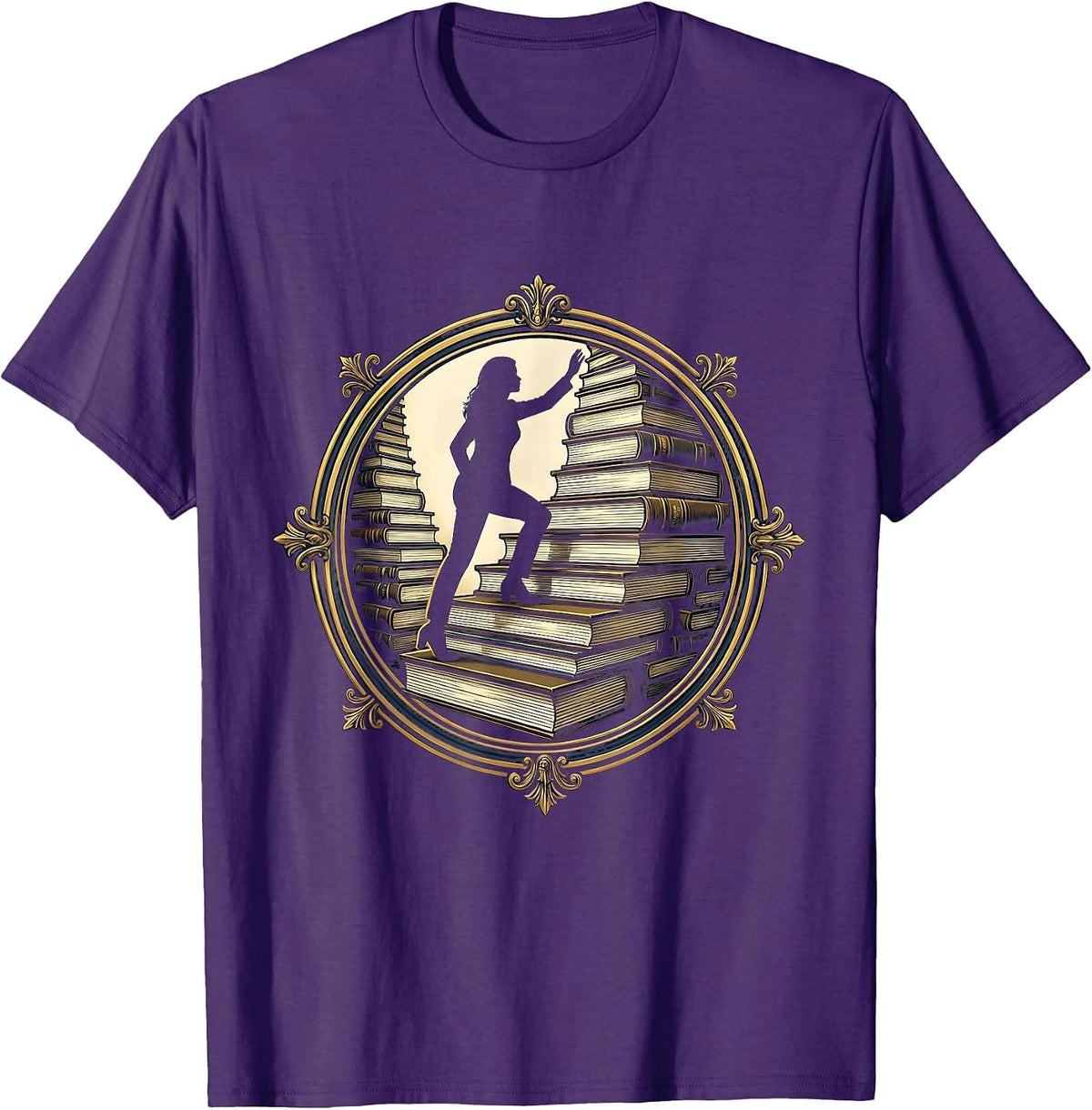 Book Lover Staircase Climbing Illustration T-Shirt - Purple