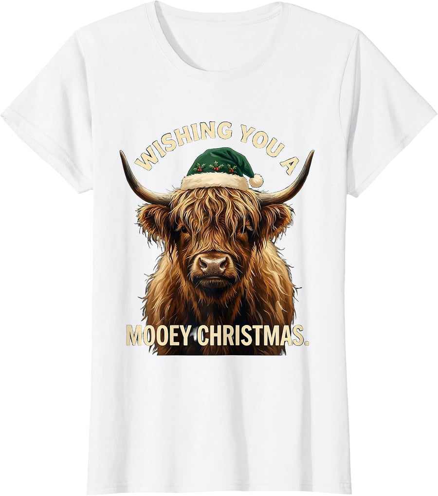 Women's Wishing You A Mooey Christmas Funny Highland Cow Farm Humor T-Shirt - White