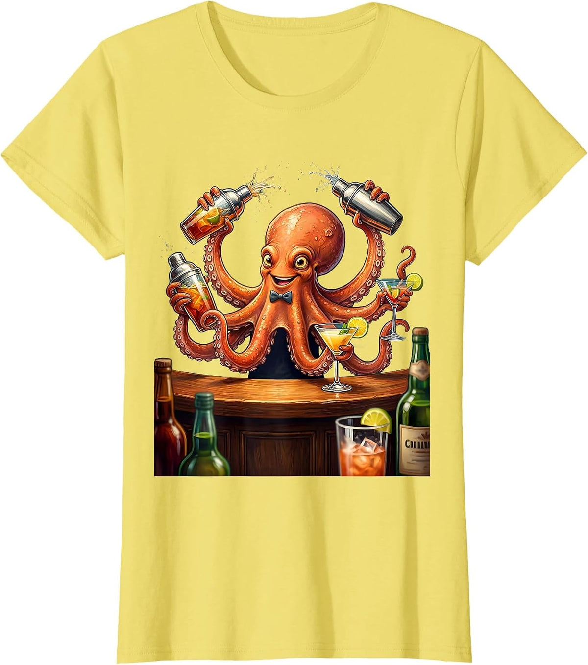 Octopus Bartender Cocktail Shaker Drinking Art T-Shirt - Lemon Yellow