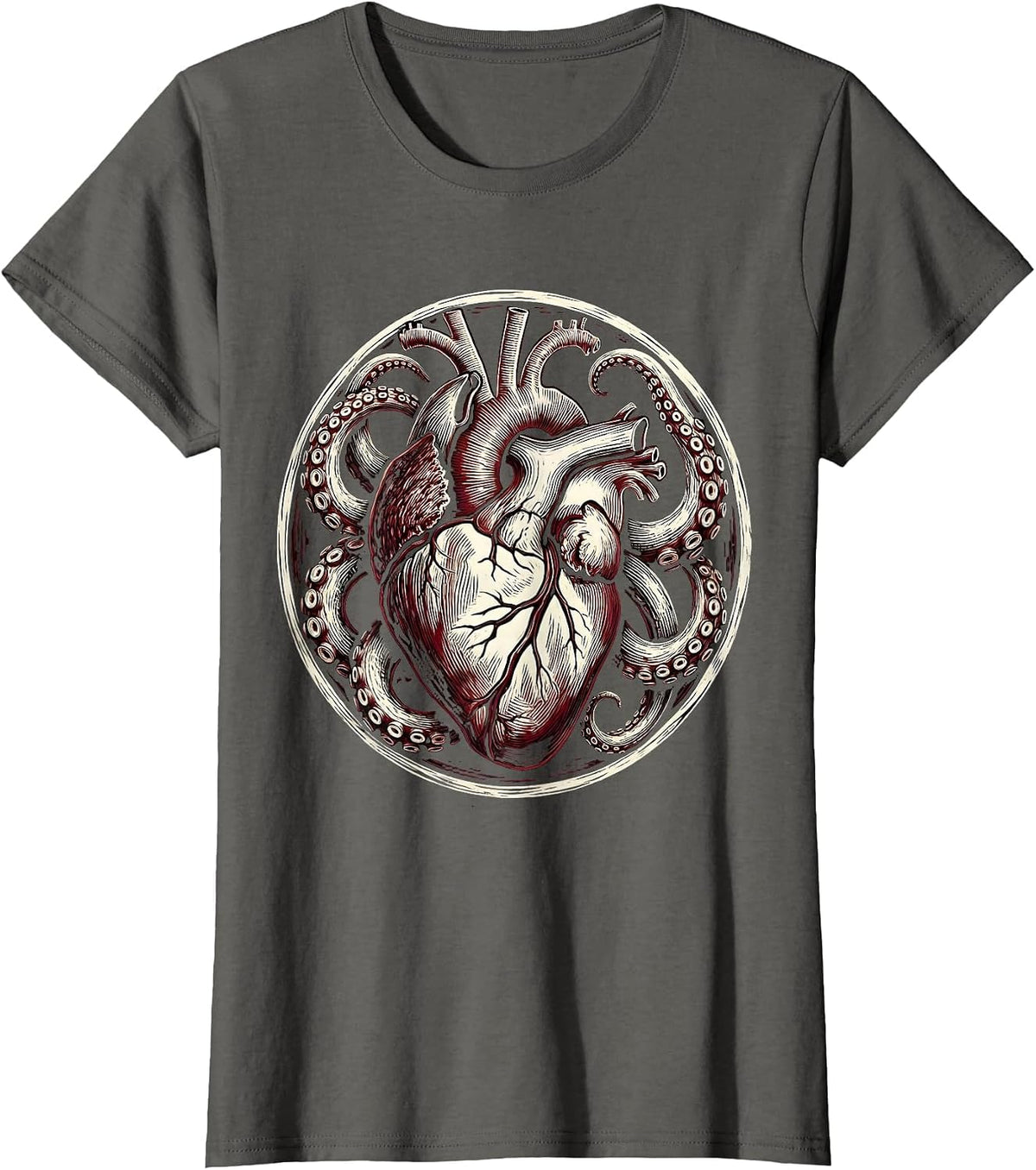 Women's Octopus Heart Squeeze Graphic Design T-Shirt - Asphalt Grey
