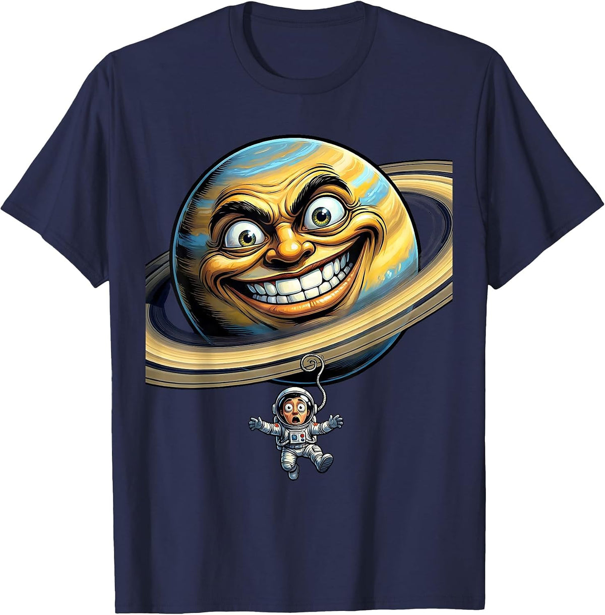 Tiny Astronaut Floating Near Huge Planet Design T-Shirt - Navy Blue