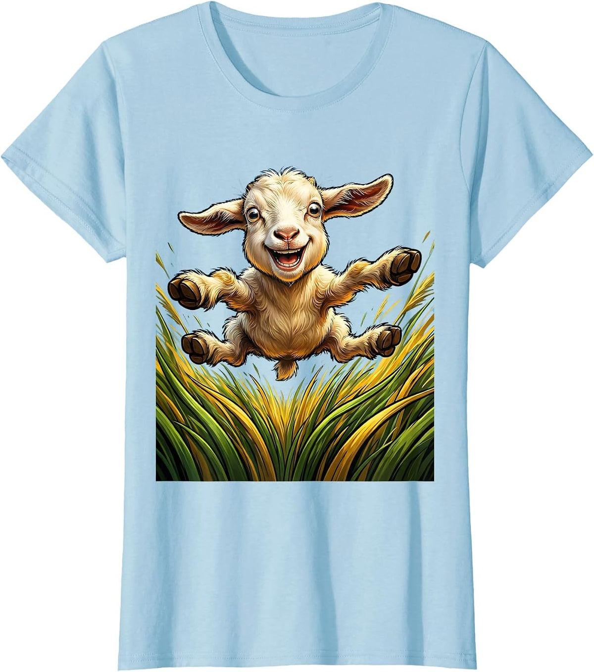 Women's Baby Goat Leaping Through Tall Grass Illustration T-Shirt - Baby Blue