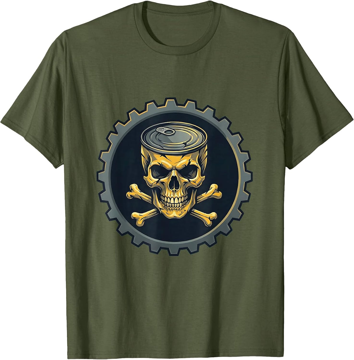 Trash Truck Skull Crushed Tin Can Crossbones T-Shirt - Olive Green