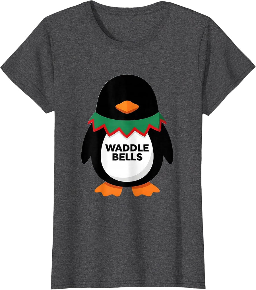 Women's Waddle Bells Funny Penguin Lover Christmas Humor Cute T-Shirt - Dark Heather Grey