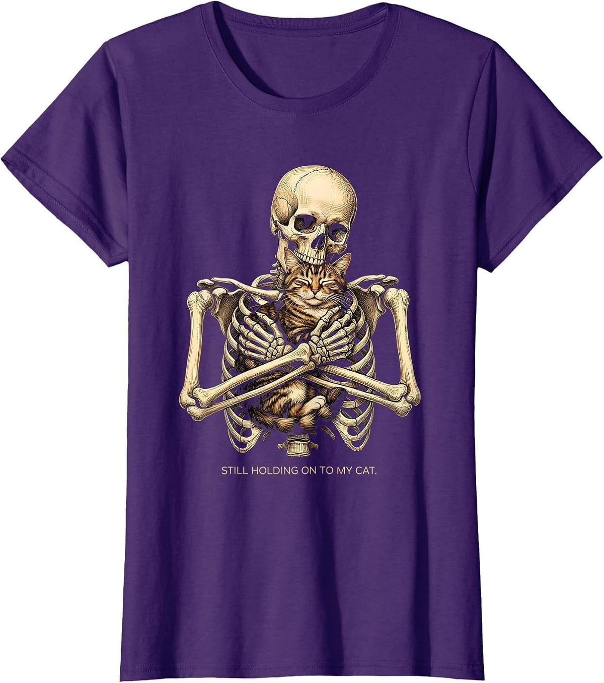 Women's Still Holding On To My Cat Funny Skeleton Hugging Cat T-Shirt - Purple