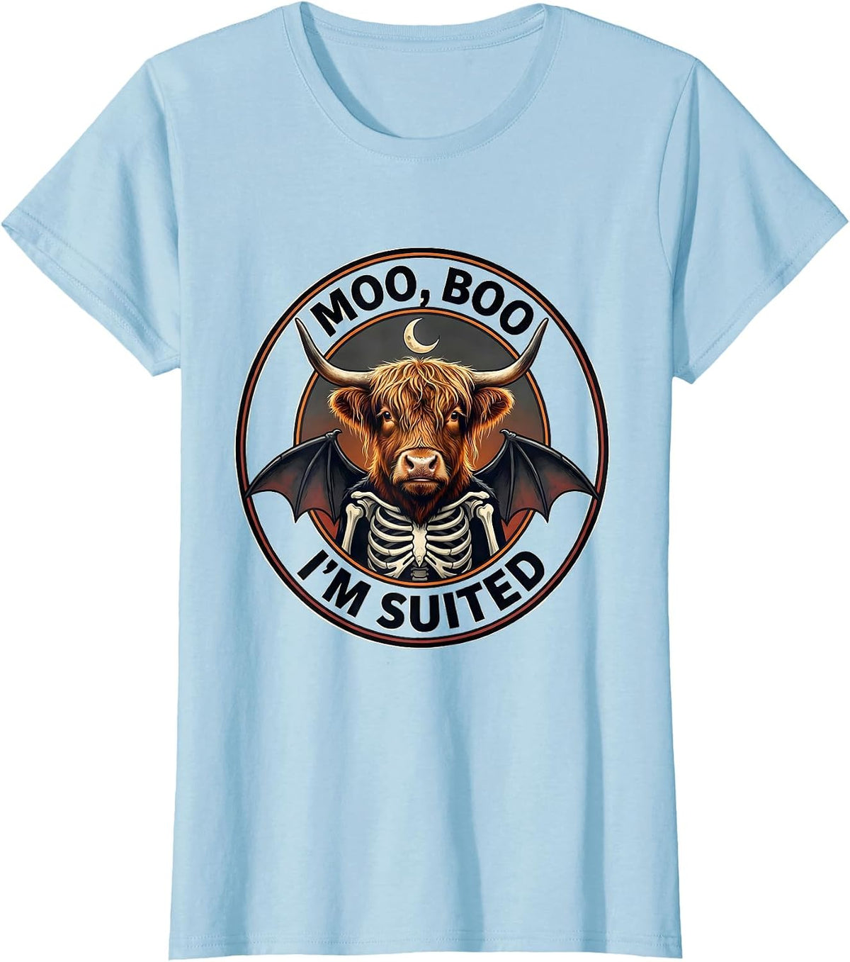 Moo, Boo, I'm Suited Funny Highland Cow Halloween Costume T-Shirt - Baby Blue