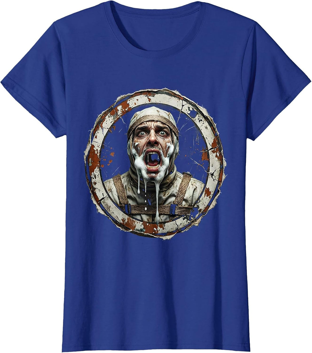 Women's Rabies Frothing Straitjacket Humor Graphic T-Shirt - Royal Blue