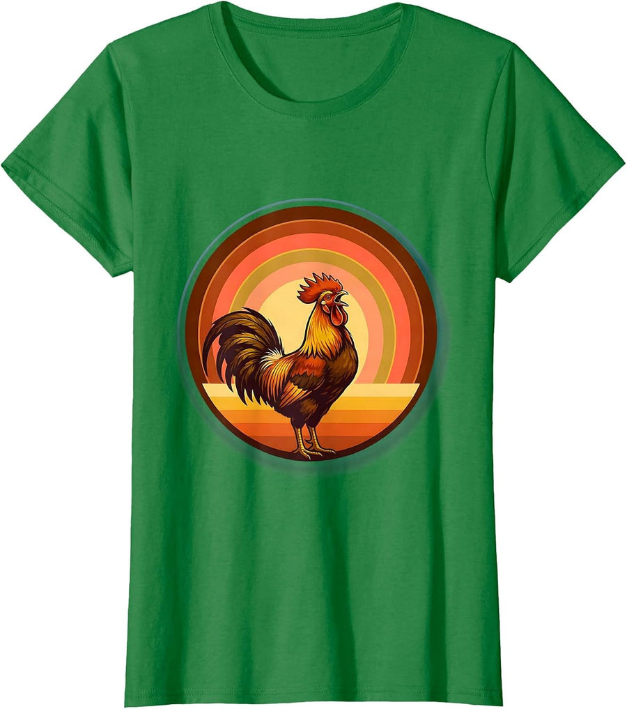 Women's Rooster Crowing at Late Sunrise Graphic Design T-Shirt - Kelly Green